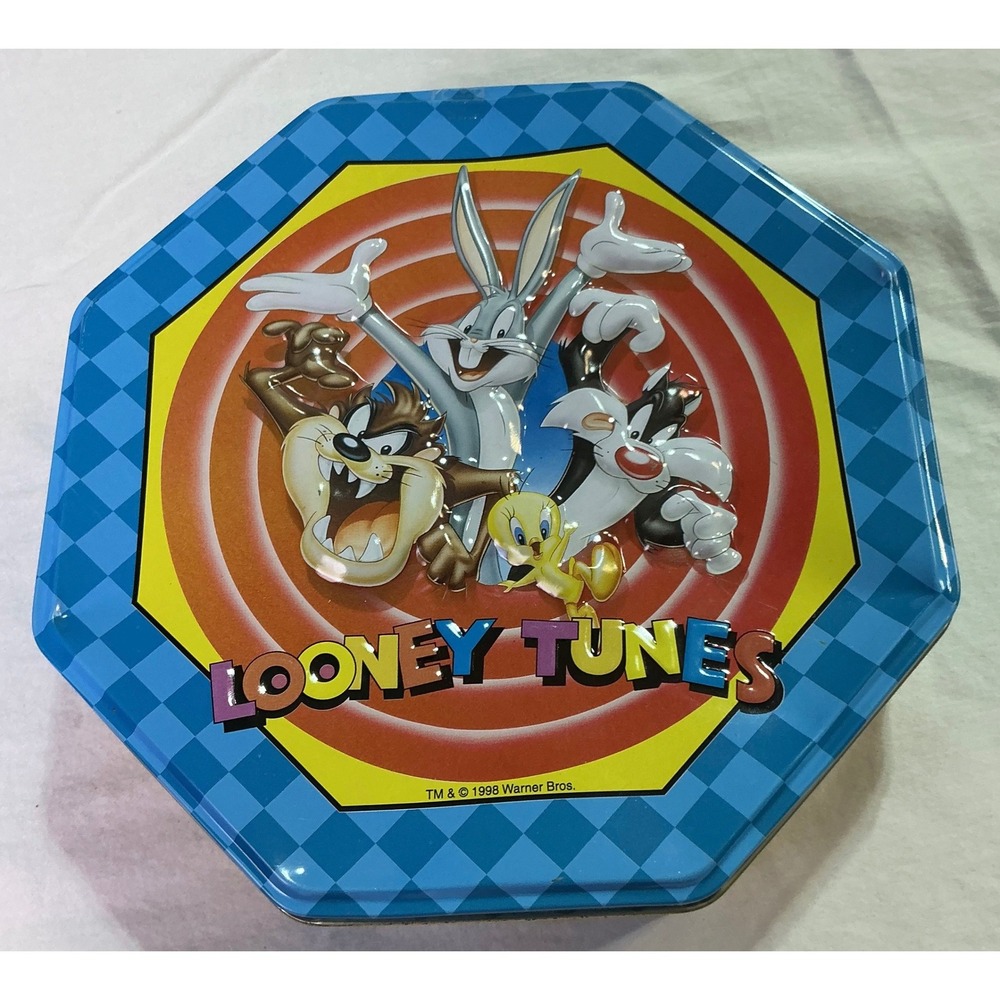 Vintage 1998 Looney Tunes Octagon Cookie Tin Bugs Bunny Tweety Taz Sylvester